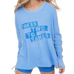 Aerie Offline Blue Graphic Waffle Long Sleeve Thermal Knit Top